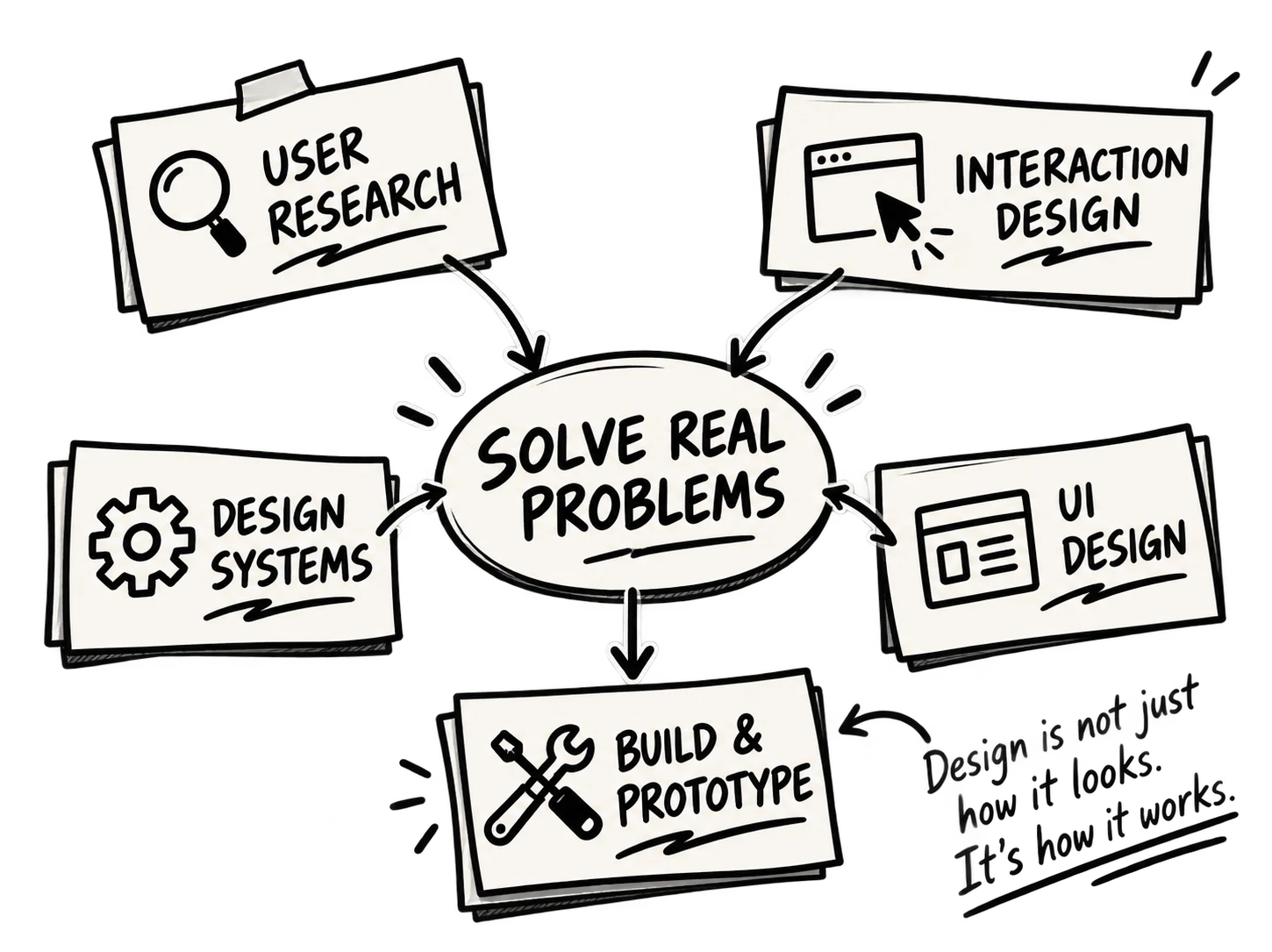 Hand-drawn mind map: User Research, Interaction Design, Design Systems, UI Design and Build & Prototype all point to Solve Real Problems. A note reads: Design is not just how it looks. It's how it works.